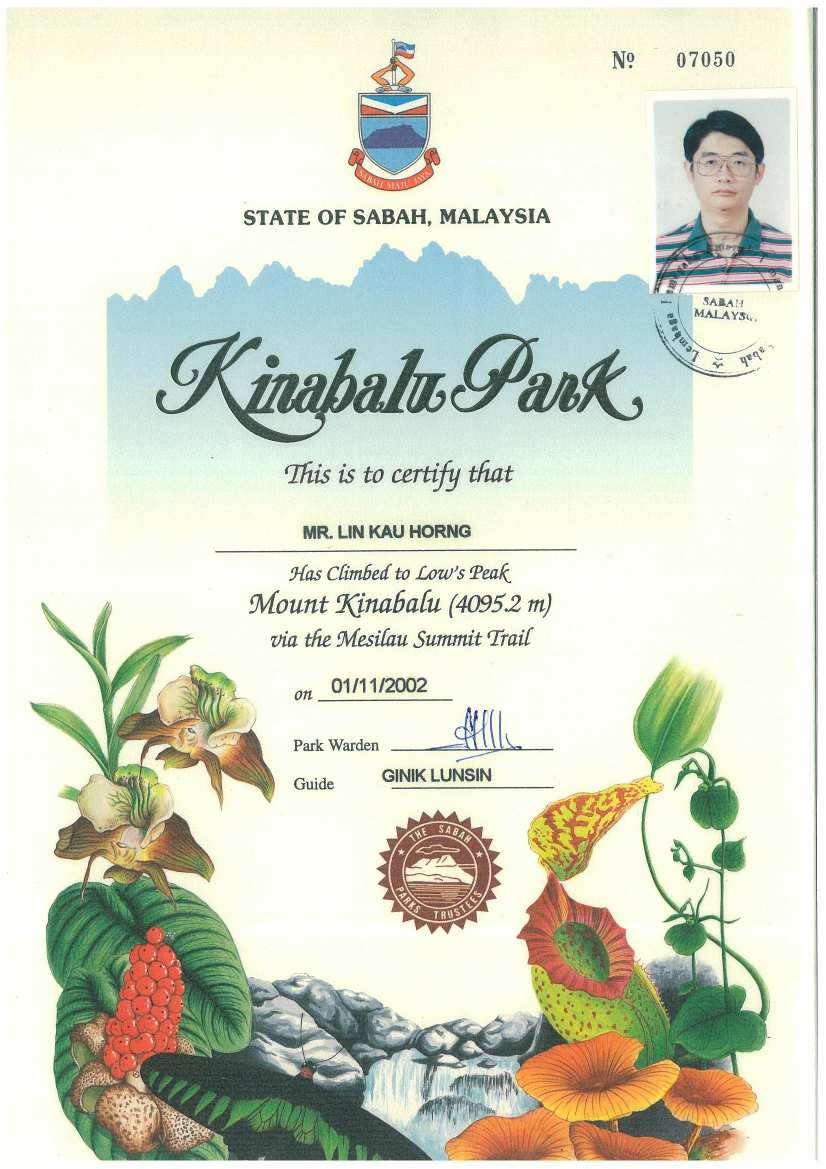 2002/11/01 马来西亚神山登山证书